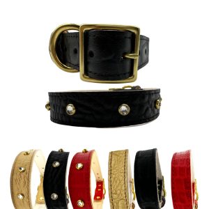 Croc Leather Dog Collar - With Crystal, Black, L