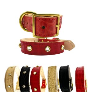 Croc Leather Dog Collar - With Crystal, Red, S