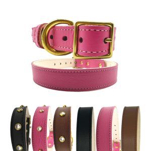 Plain Leather Dog Collar - No Crystal, L, Bright Pink