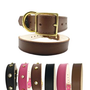 Plain Leather Dog Collar - No Crystal, M, Brown